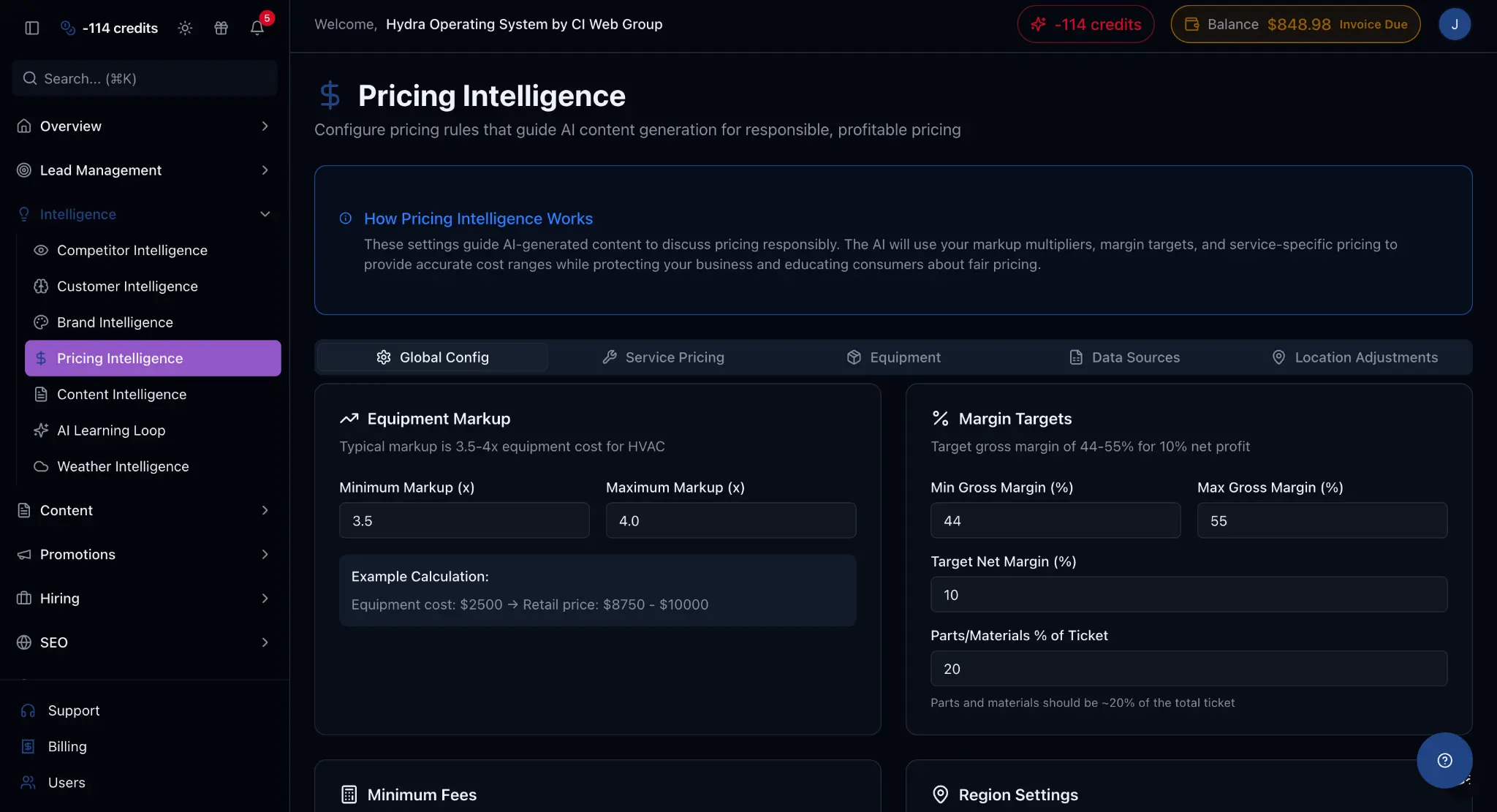 Hydra OS platform dashboard showing agent activity and content status